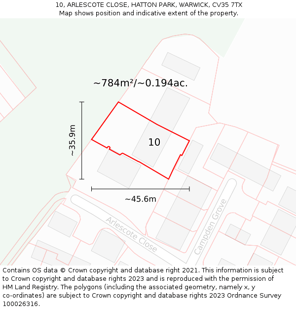 10, ARLESCOTE CLOSE, HATTON PARK, WARWICK, CV35 7TX: Plot and title map