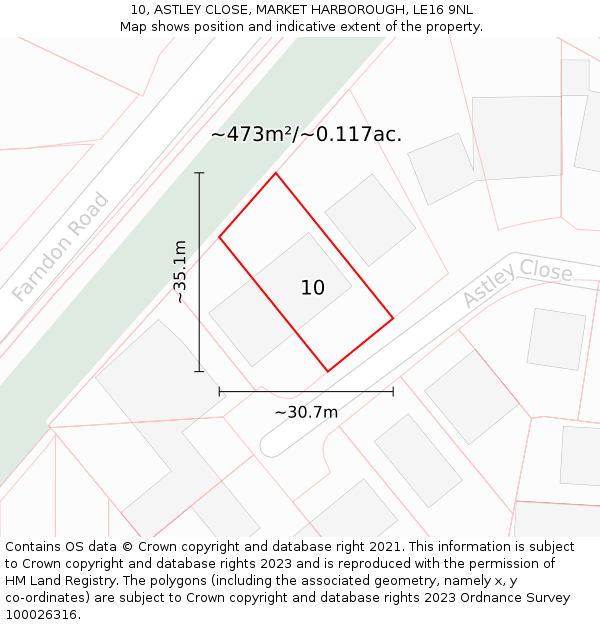 10, ASTLEY CLOSE, MARKET HARBOROUGH, LE16 9NL: Plot and title map