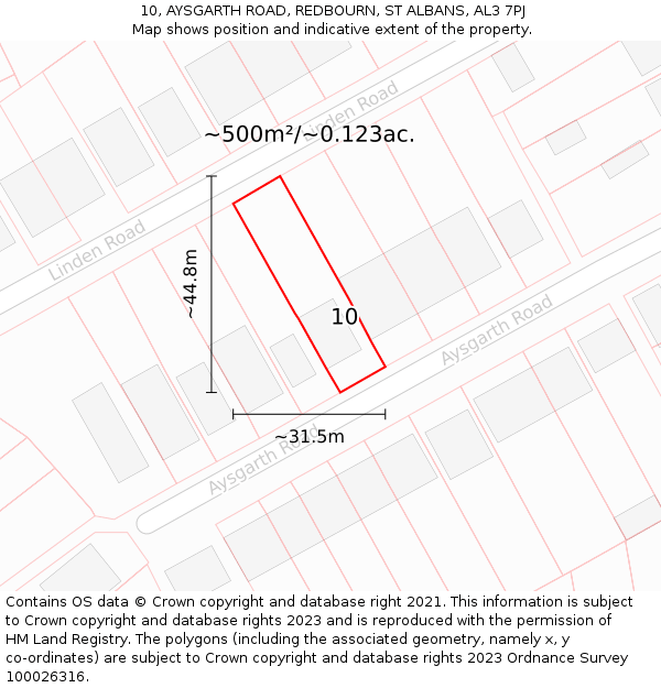 10, AYSGARTH ROAD, REDBOURN, ST ALBANS, AL3 7PJ: Plot and title map