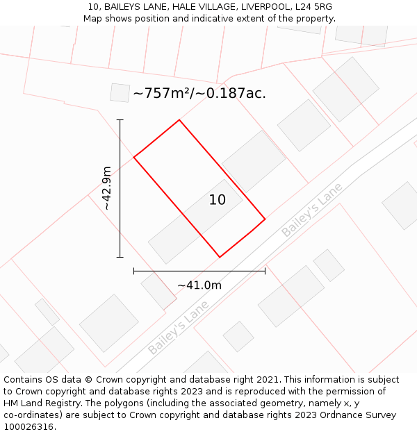 10, BAILEYS LANE, HALE VILLAGE, LIVERPOOL, L24 5RG: Plot and title map