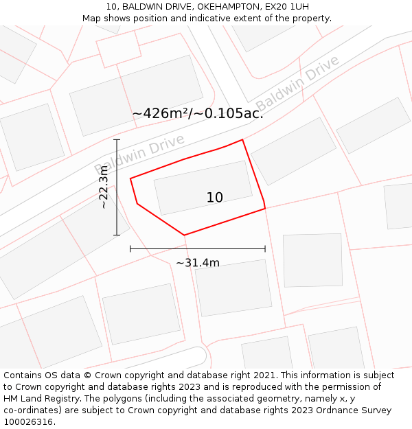 10, BALDWIN DRIVE, OKEHAMPTON, EX20 1UH: Plot and title map