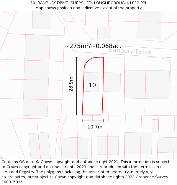 10, BANBURY DRIVE, SHEPSHED, LOUGHBOROUGH, LE12 9PL: Plot and title map