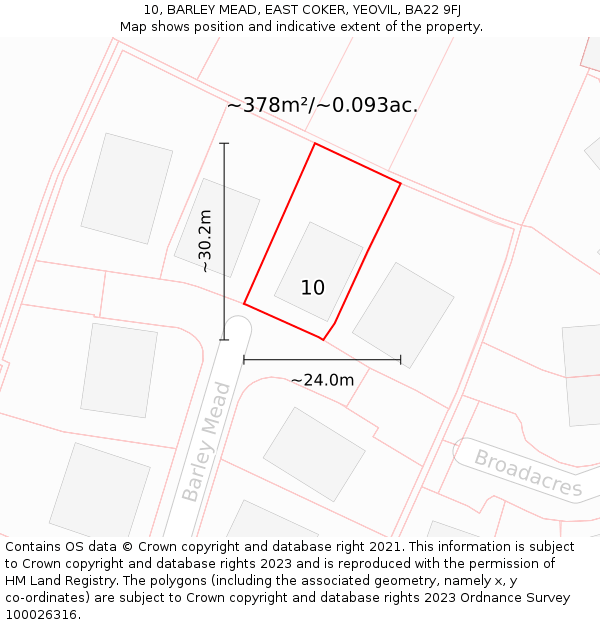 10, BARLEY MEAD, EAST COKER, YEOVIL, BA22 9FJ: Plot and title map
