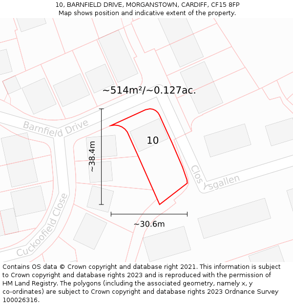 10, BARNFIELD DRIVE, MORGANSTOWN, CARDIFF, CF15 8FP: Plot and title map