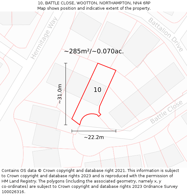 10, BATTLE CLOSE, WOOTTON, NORTHAMPTON, NN4 6RP: Plot and title map