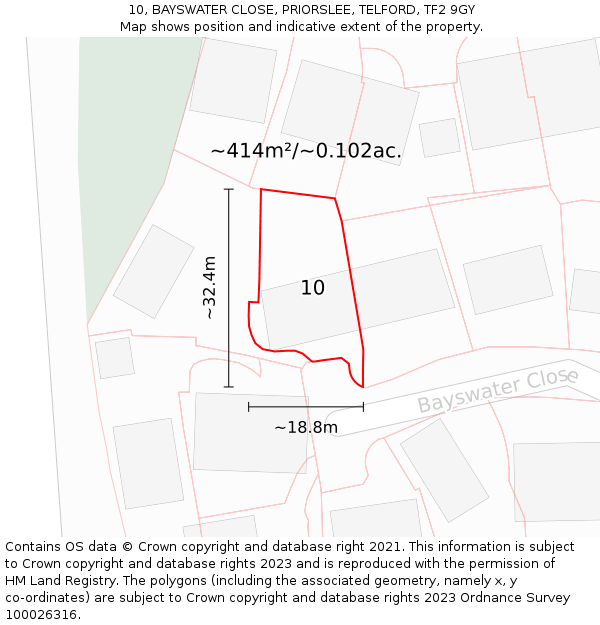 10, BAYSWATER CLOSE, PRIORSLEE, TELFORD, TF2 9GY: Plot and title map