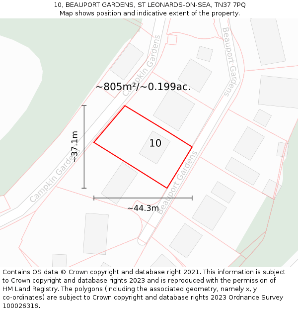 10, BEAUPORT GARDENS, ST LEONARDS-ON-SEA, TN37 7PQ: Plot and title map