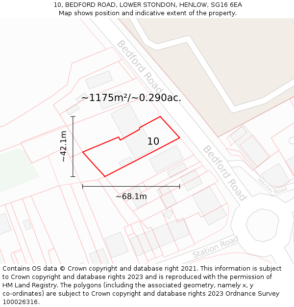 10, BEDFORD ROAD, LOWER STONDON, HENLOW, SG16 6EA: Plot and title map