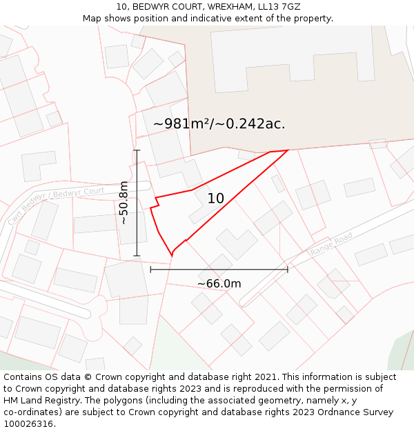 10, BEDWYR COURT, WREXHAM, LL13 7GZ: Plot and title map