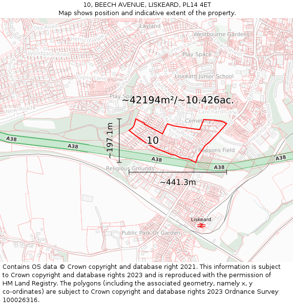 10, BEECH AVENUE, LISKEARD, PL14 4ET: Plot and title map