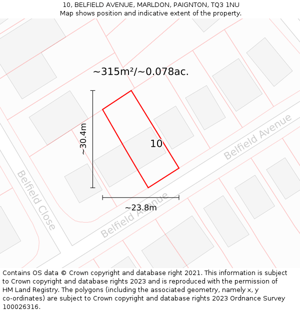 10, BELFIELD AVENUE, MARLDON, PAIGNTON, TQ3 1NU: Plot and title map
