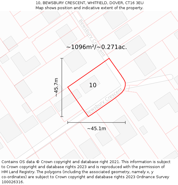 10, BEWSBURY CRESCENT, WHITFIELD, DOVER, CT16 3EU: Plot and title map