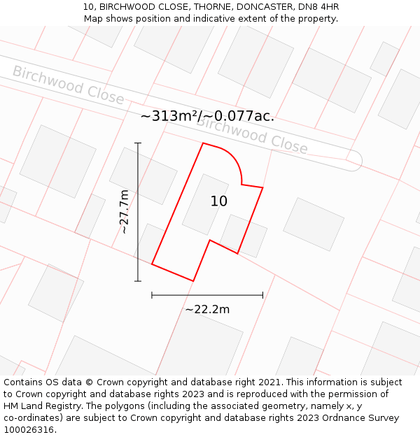 10, BIRCHWOOD CLOSE, THORNE, DONCASTER, DN8 4HR: Plot and title map