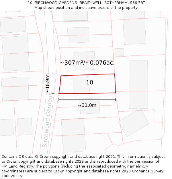 10, BIRCHWOOD GARDENS, BRAITHWELL, ROTHERHAM, S66 7BT: Plot and title map
