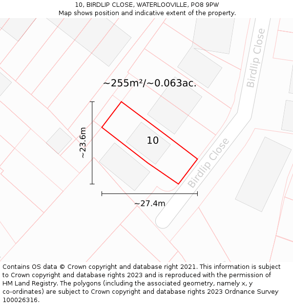 10, BIRDLIP CLOSE, WATERLOOVILLE, PO8 9PW: Plot and title map