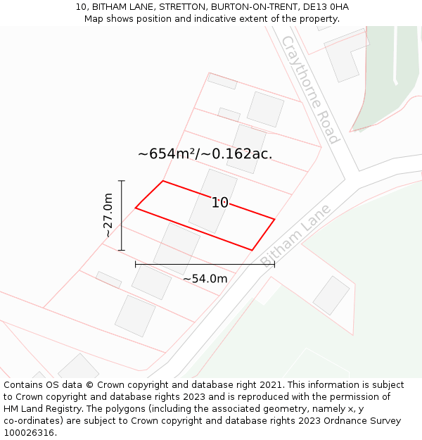 10, BITHAM LANE, STRETTON, BURTON-ON-TRENT, DE13 0HA: Plot and title map