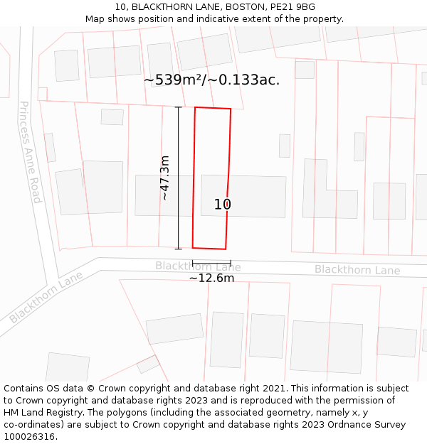 10, BLACKTHORN LANE, BOSTON, PE21 9BG: Plot and title map