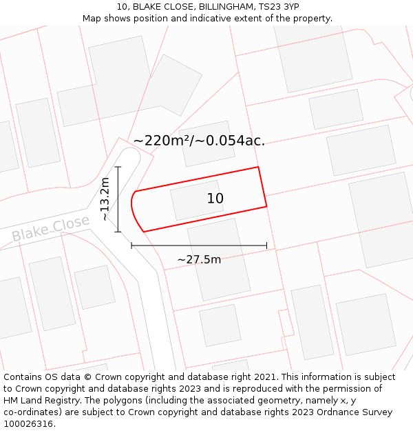 10, BLAKE CLOSE, BILLINGHAM, TS23 3YP: Plot and title map