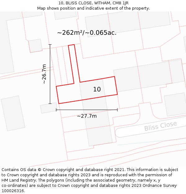 10, BLISS CLOSE, WITHAM, CM8 1JR: Plot and title map