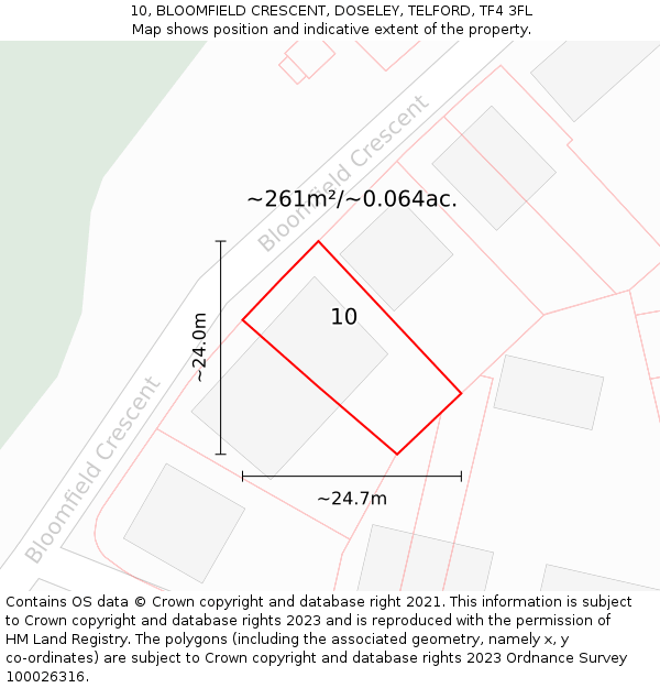 10, BLOOMFIELD CRESCENT, DOSELEY, TELFORD, TF4 3FL: Plot and title map