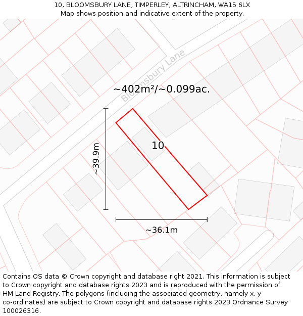 10, BLOOMSBURY LANE, TIMPERLEY, ALTRINCHAM, WA15 6LX: Plot and title map