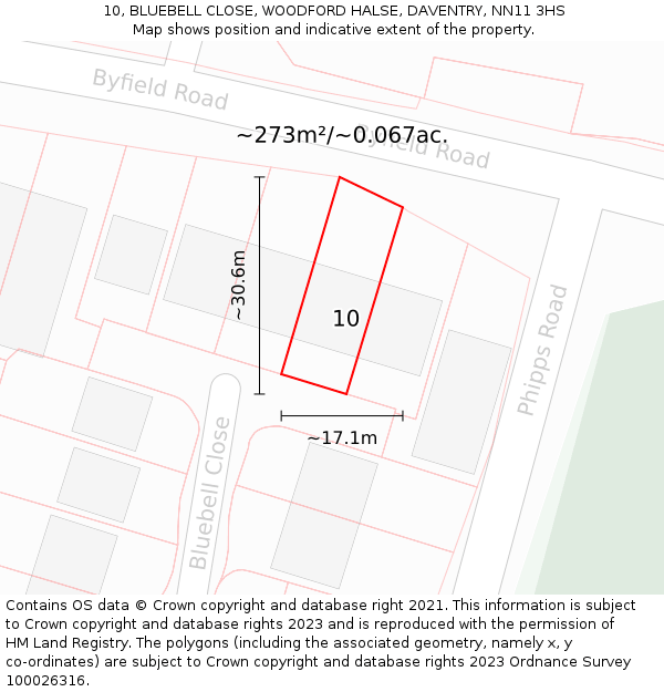 10, BLUEBELL CLOSE, WOODFORD HALSE, DAVENTRY, NN11 3HS: Plot and title map