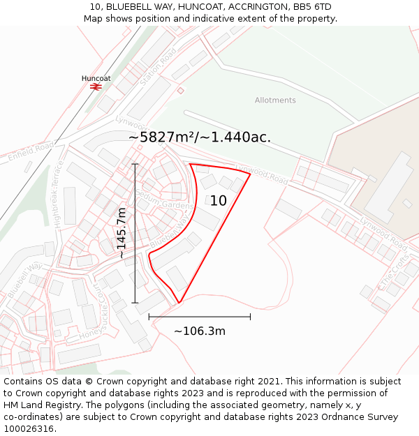 10, BLUEBELL WAY, HUNCOAT, ACCRINGTON, BB5 6TD: Plot and title map