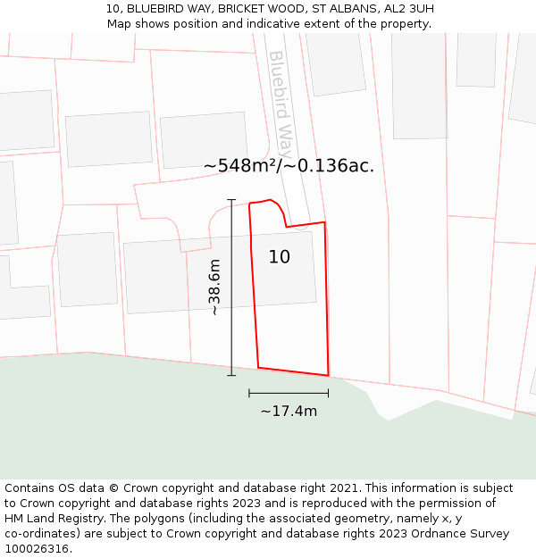 10, BLUEBIRD WAY, BRICKET WOOD, ST ALBANS, AL2 3UH: Plot and title map