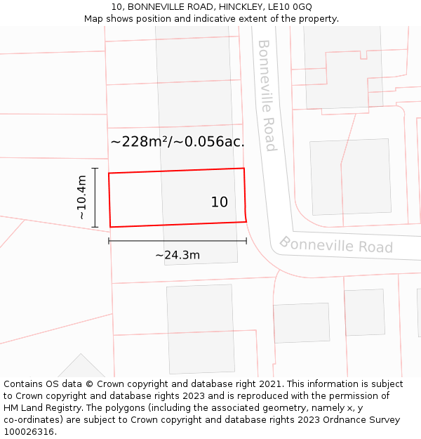 10, BONNEVILLE ROAD, HINCKLEY, LE10 0GQ: Plot and title map