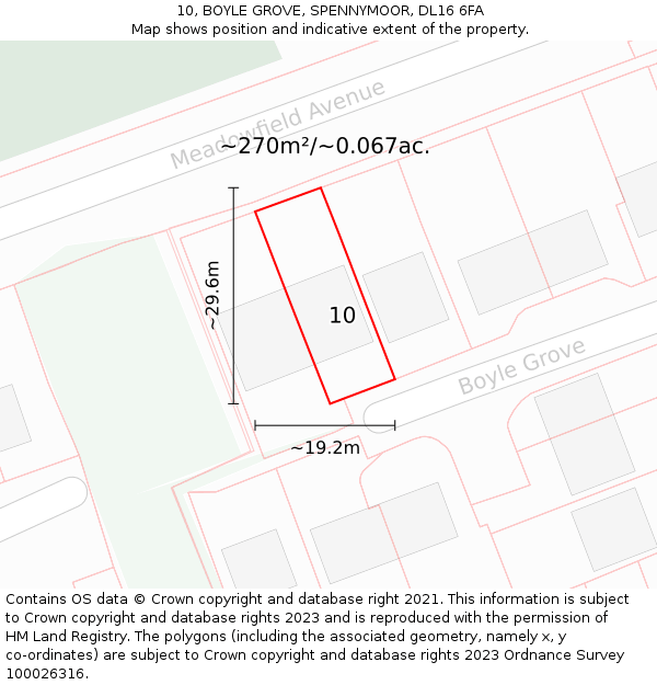 10, BOYLE GROVE, SPENNYMOOR, DL16 6FA: Plot and title map