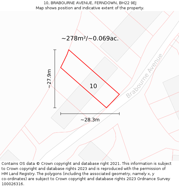 10, BRABOURNE AVENUE, FERNDOWN, BH22 9EJ: Plot and title map