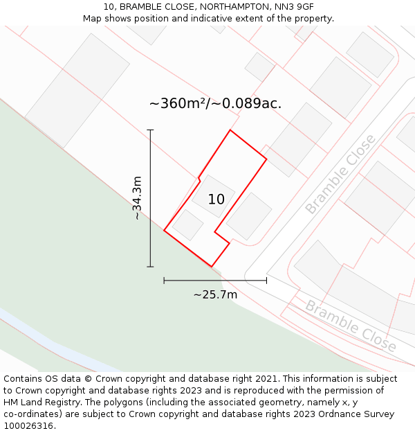 10, BRAMBLE CLOSE, NORTHAMPTON, NN3 9GF: Plot and title map