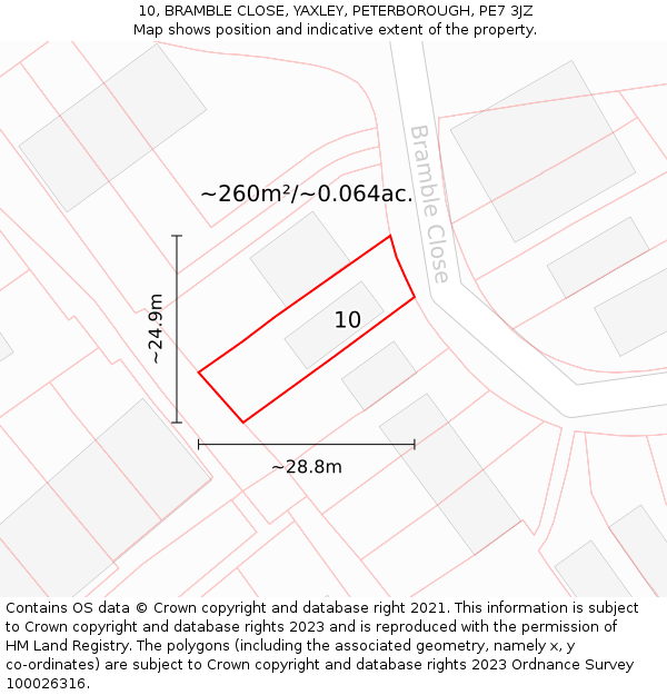 10, BRAMBLE CLOSE, YAXLEY, PETERBOROUGH, PE7 3JZ: Plot and title map