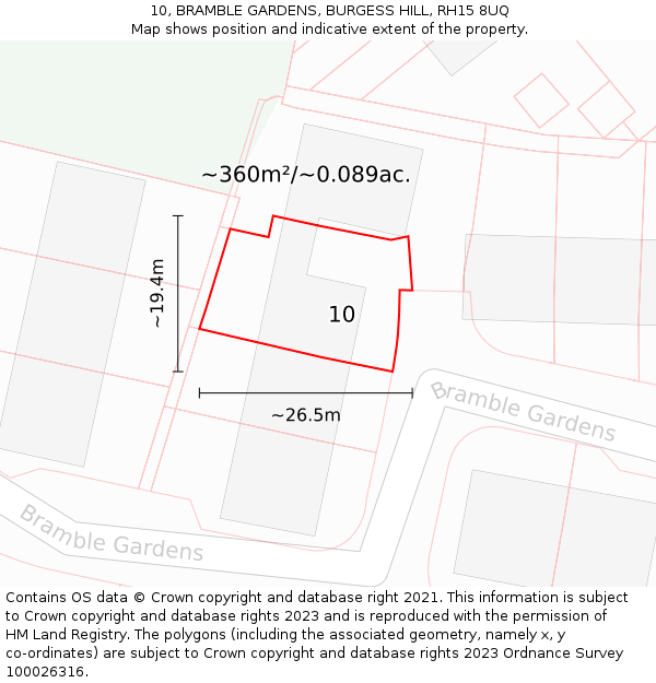 10, BRAMBLE GARDENS, BURGESS HILL, RH15 8UQ: Plot and title map