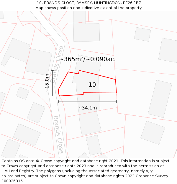 10, BRANDS CLOSE, RAMSEY, HUNTINGDON, PE26 1RZ: Plot and title map