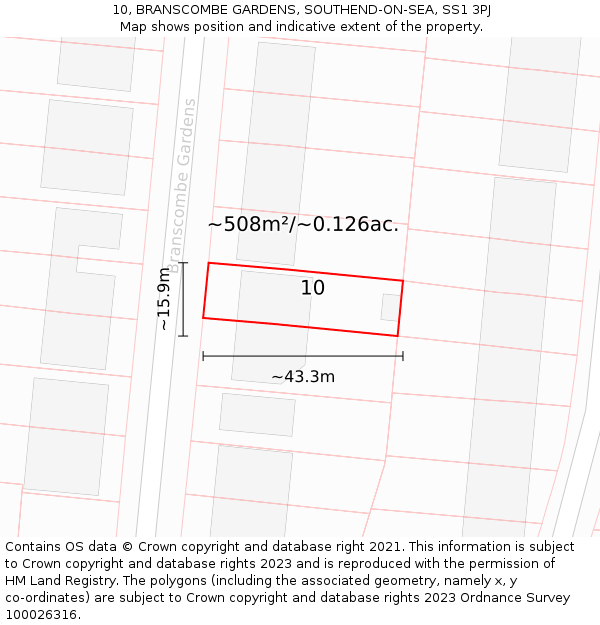 10, BRANSCOMBE GARDENS, SOUTHEND-ON-SEA, SS1 3PJ: Plot and title map