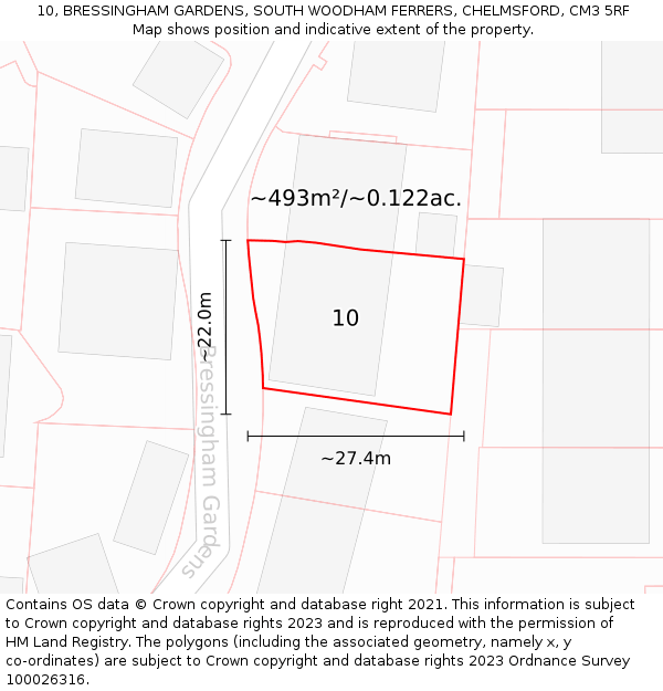 10, BRESSINGHAM GARDENS, SOUTH WOODHAM FERRERS, CHELMSFORD, CM3 5RF: Plot and title map