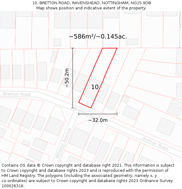 10, BRETTON ROAD, RAVENSHEAD, NOTTINGHAM, NG15 9DB: Plot and title map
