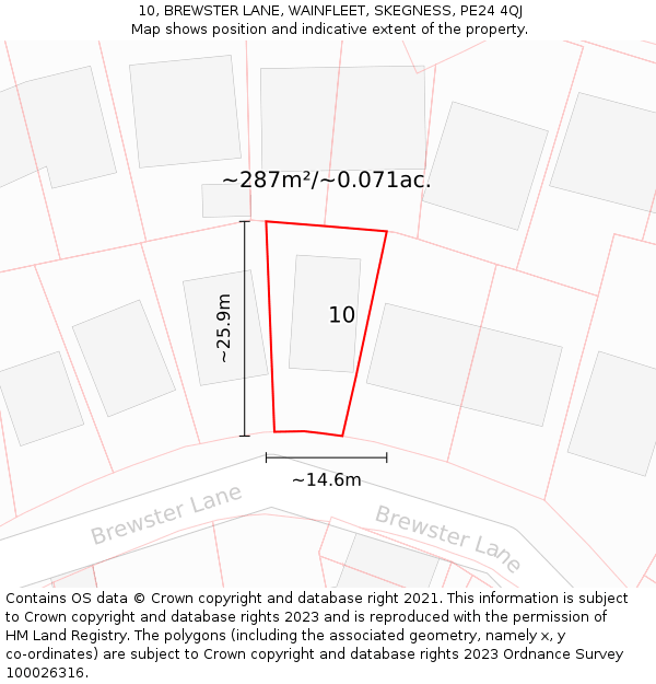 10, BREWSTER LANE, WAINFLEET, SKEGNESS, PE24 4QJ: Plot and title map
