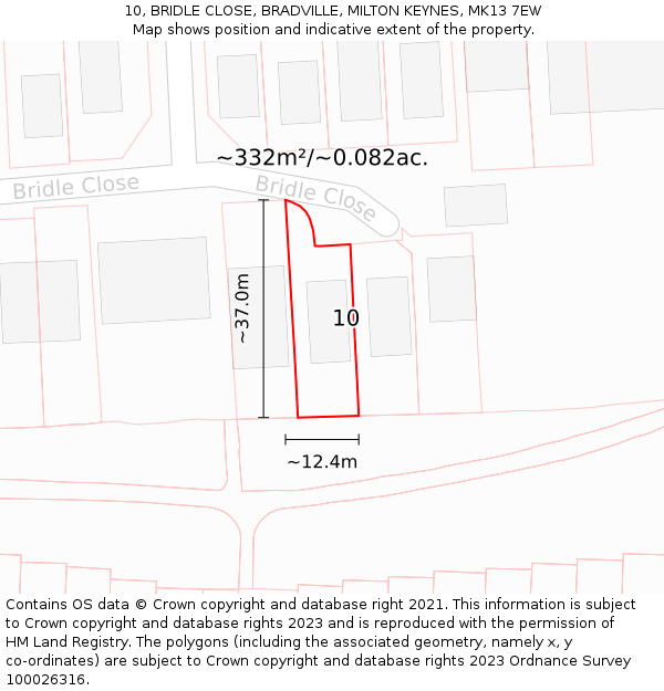 10, BRIDLE CLOSE, BRADVILLE, MILTON KEYNES, MK13 7EW: Plot and title map