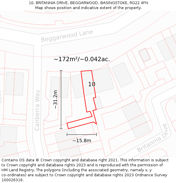 10, BRITANNIA DRIVE, BEGGARWOOD, BASINGSTOKE, RG22 4FN: Plot and title map