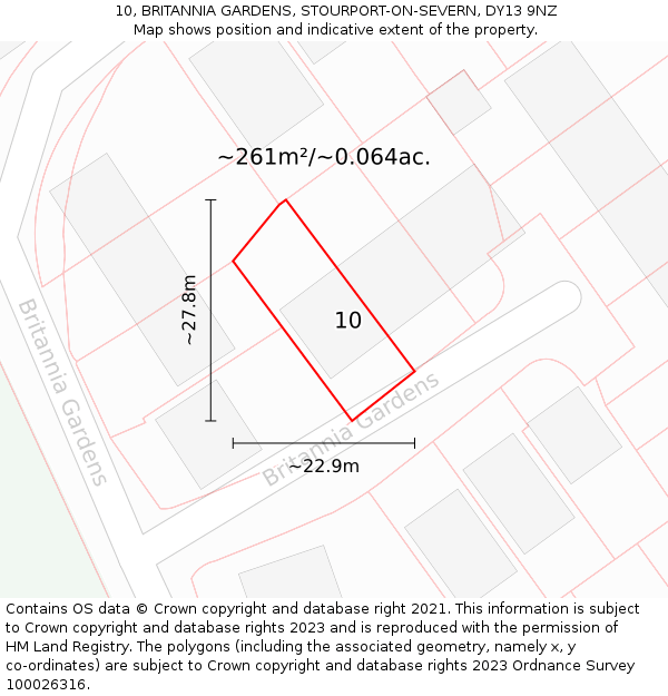 10, BRITANNIA GARDENS, STOURPORT-ON-SEVERN, DY13 9NZ: Plot and title map