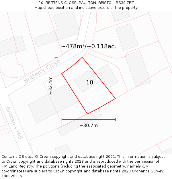 10, BRITTENS CLOSE, PAULTON, BRISTOL, BS39 7RZ: Plot and title map