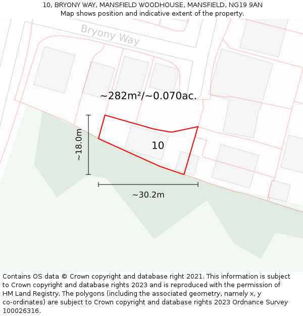 10, BRYONY WAY, MANSFIELD WOODHOUSE, MANSFIELD, NG19 9AN: Plot and title map