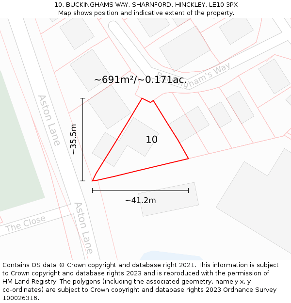 10, BUCKINGHAMS WAY, SHARNFORD, HINCKLEY, LE10 3PX: Plot and title map