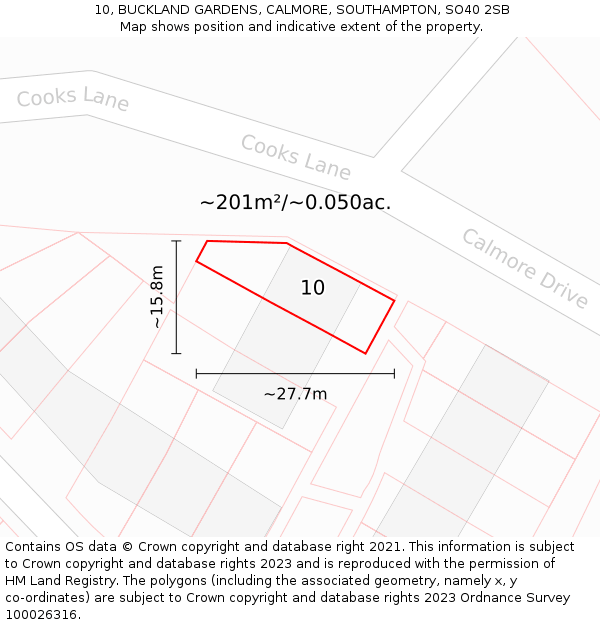 10, BUCKLAND GARDENS, CALMORE, SOUTHAMPTON, SO40 2SB: Plot and title map