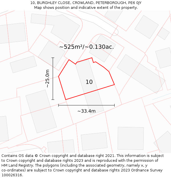 10, BURGHLEY CLOSE, CROWLAND, PETERBOROUGH, PE6 0JY: Plot and title map