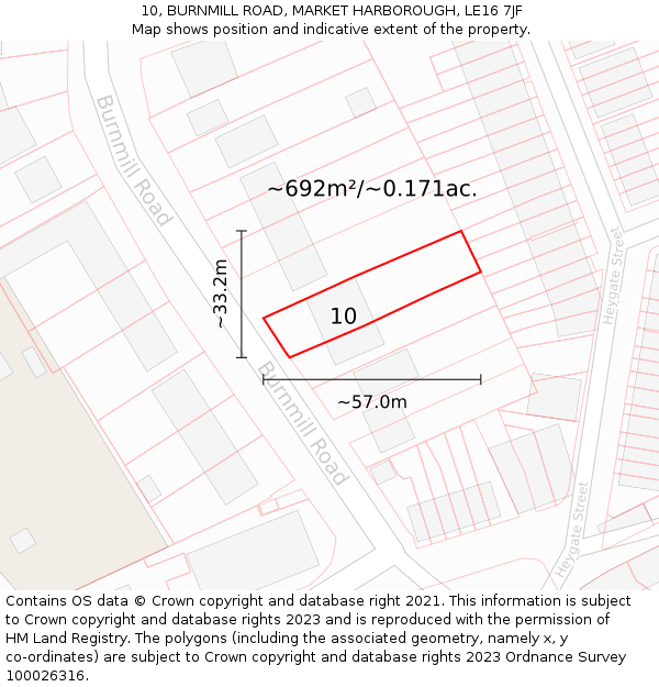10, BURNMILL ROAD, MARKET HARBOROUGH, LE16 7JF: Plot and title map