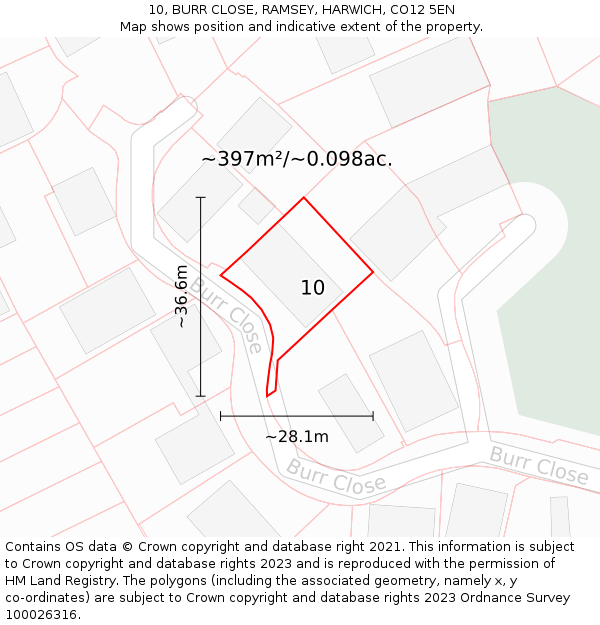 10, BURR CLOSE, RAMSEY, HARWICH, CO12 5EN: Plot and title map