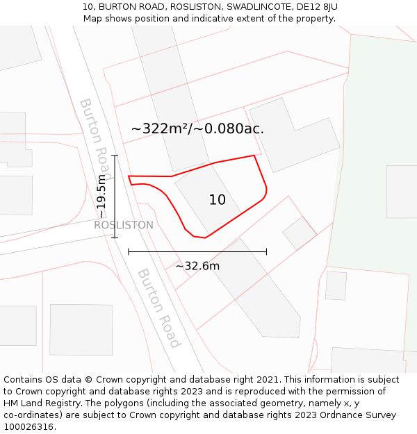 10, BURTON ROAD, ROSLISTON, SWADLINCOTE, DE12 8JU: Plot and title map